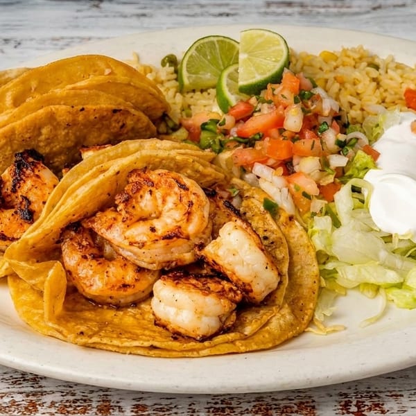 Three grilled shrimp tacos served with rice, pico de gallo, guacamole, sour cream, and lime wedges.