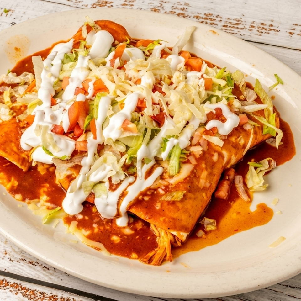 Plate of two burritos covered in red sauce, lettuce, tomato, cheese, and sour cream.