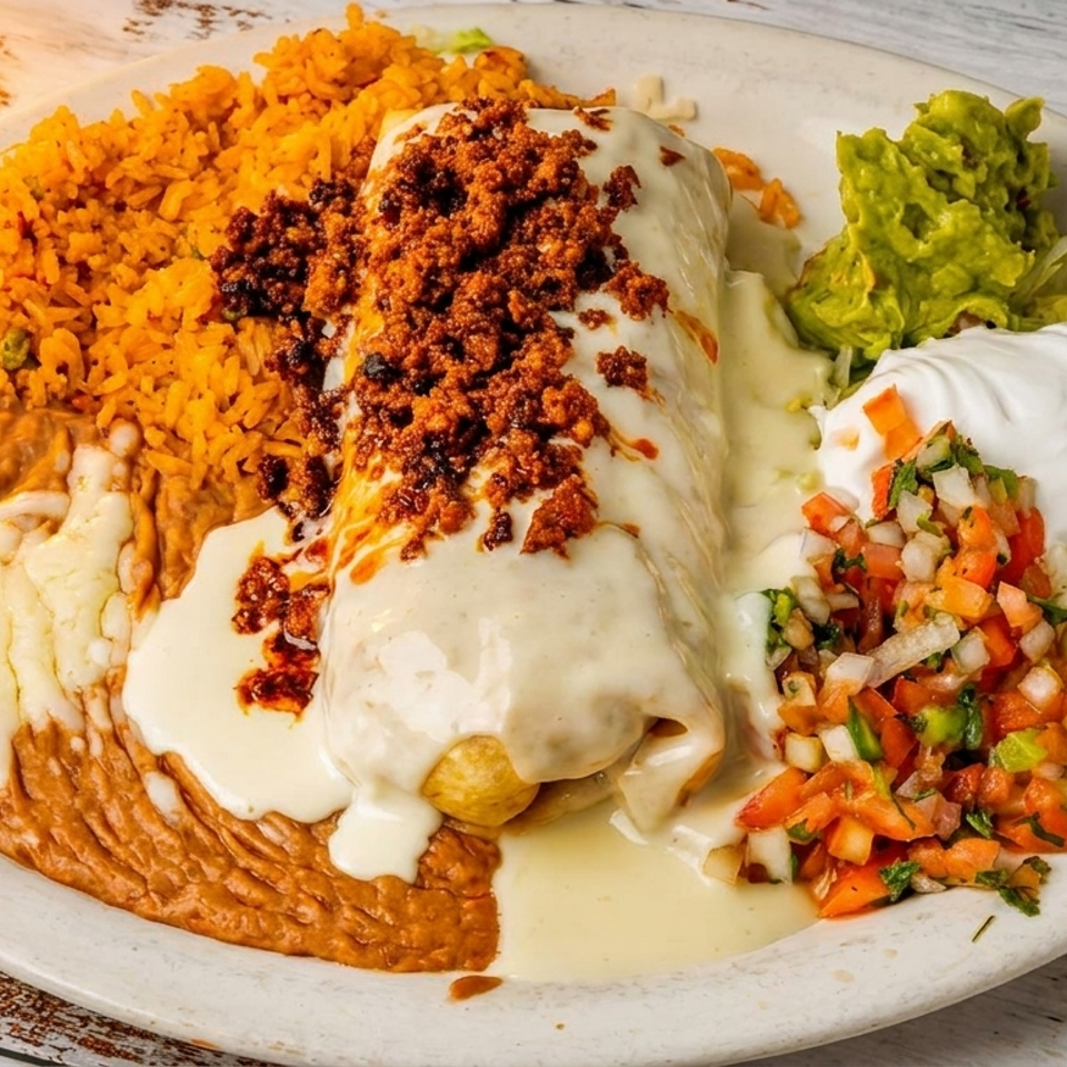 Cheesy burrito topped with chorizo, served with rice, refried beans, guacamole, sour cream, and pico de gallo.