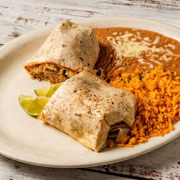 Two burritos, rice, and refried beans with cheese and lime wedges on a white plate.