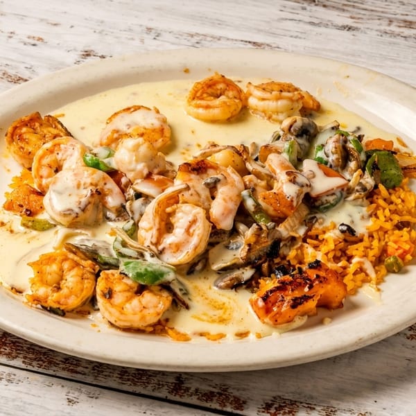 Plate of shrimp in creamy sauce with vegetables and orange rice on a wooden table.