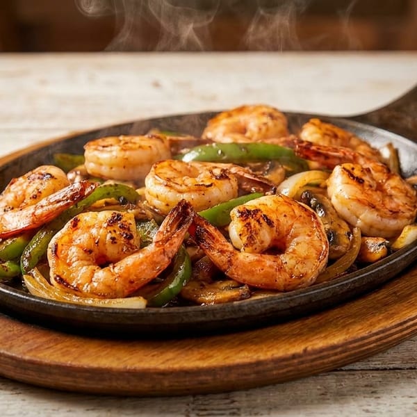 Sizzling shrimp fajitas with bell peppers and onions in a hot skillet on a wooden table.