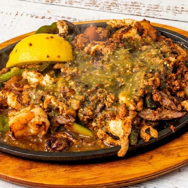 Sizzling skillet with mixed fajitas, shrimp, green peppers, and green sauce, topped with a lemon.