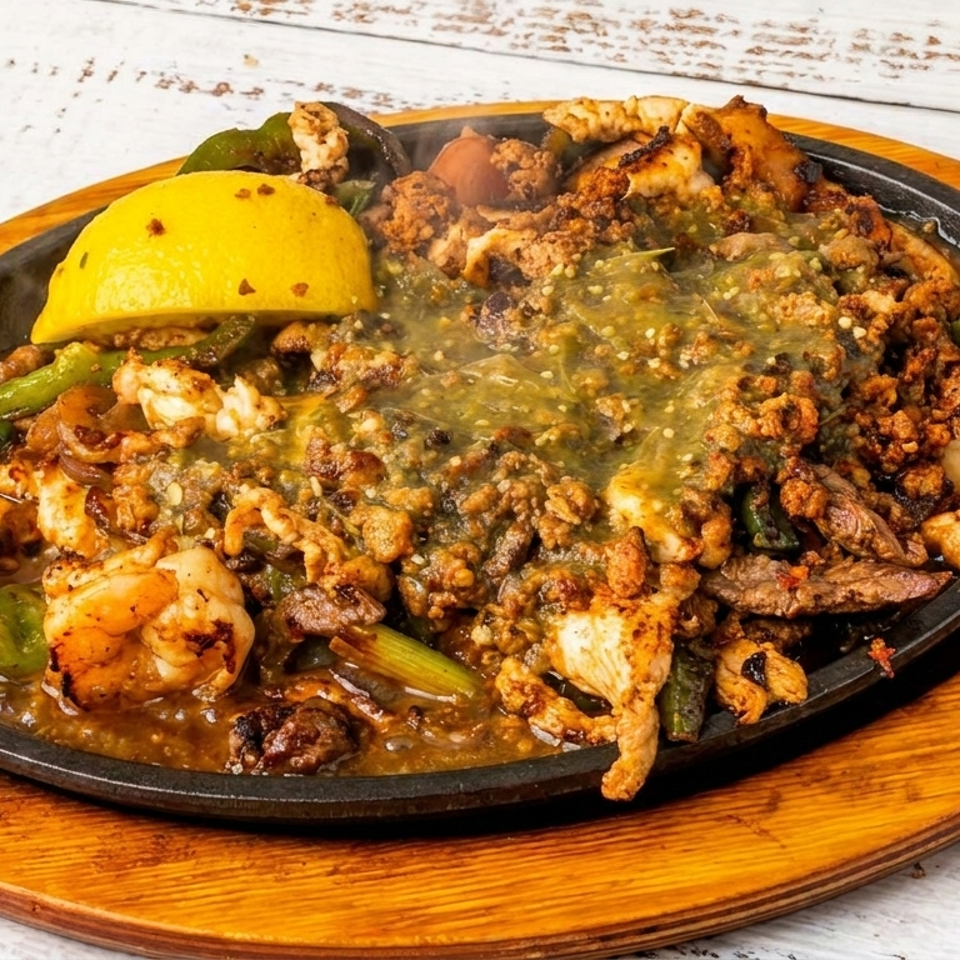 Sizzling skillet with mixed fajitas, shrimp, green peppers, and green sauce, topped with a lemon.