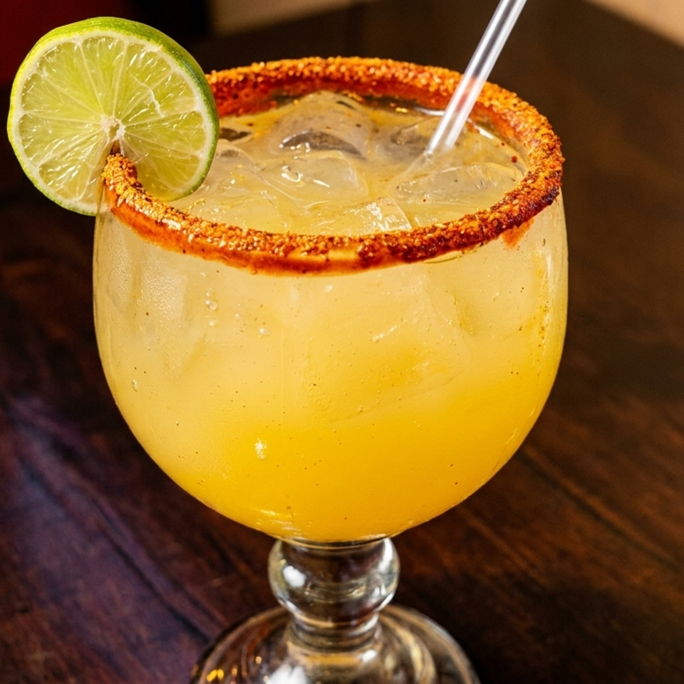 Yellow margarita with ice, a chili-salted rim, and a fresh lime wedge on a wooden table.