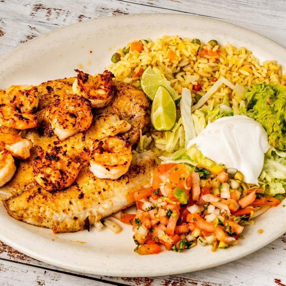 Plate with grilled fish and shrimp, rice, guacamole, sour cream, pico de gallo, and lime.