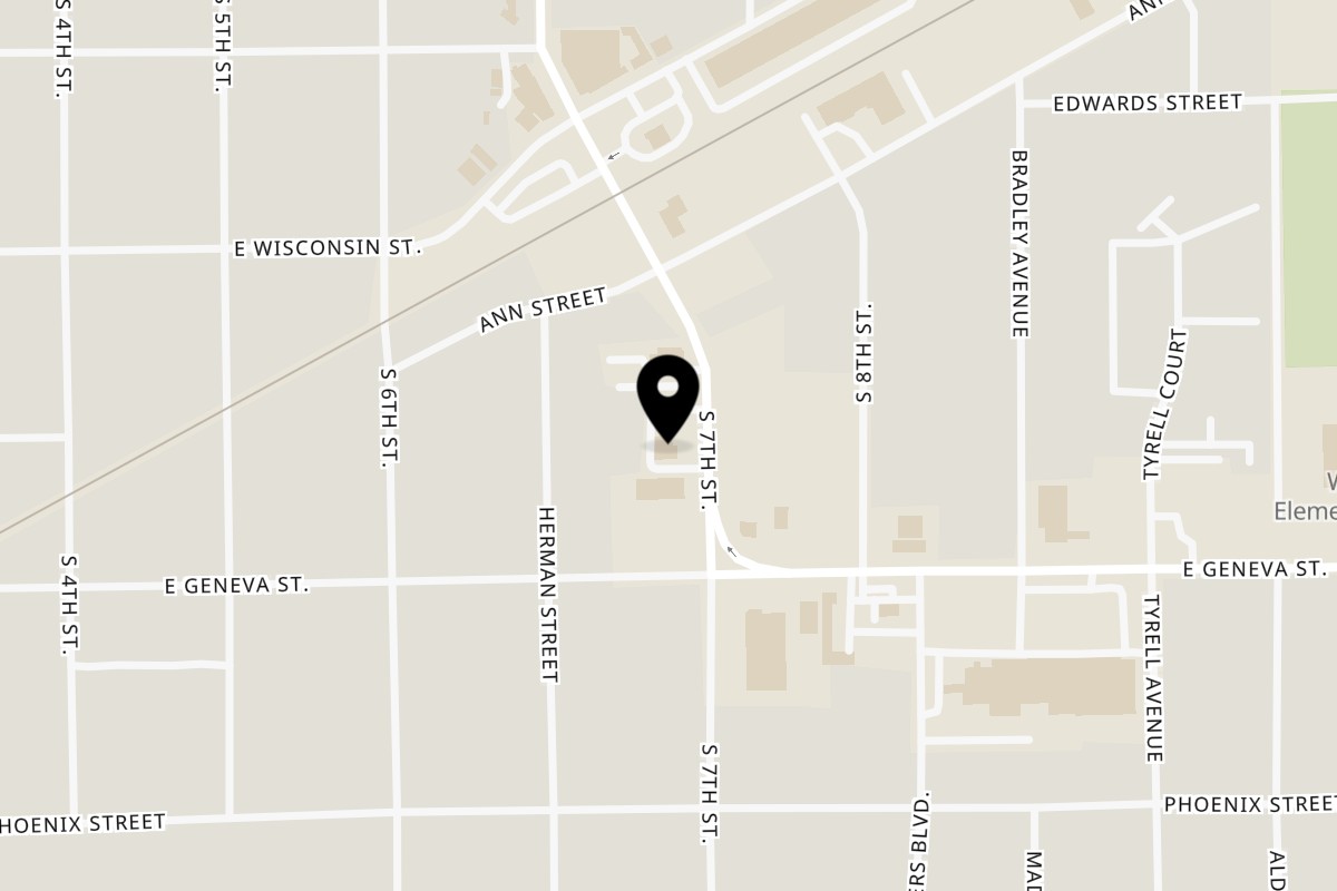 Map showing the location of Arandas Mexican Grill Delavan on 322 S 7th St in Delavan